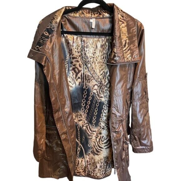 Vintage Y2K Metallic Brown Animal Print Lined Jacket Womens Medium Zip Snap Coat - Picture 3 of 16